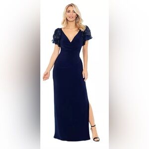 Betsy & Adam “Jennifer” navy long jersey cocktail dress